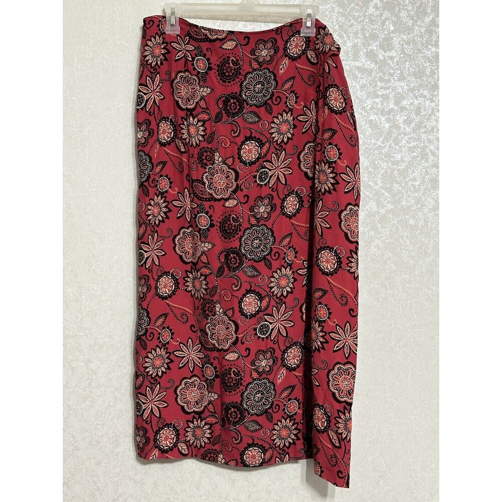 FL Malik Vintage Boho Straight Wrap Skirt Red / Pink Floral Print Tie Waist L‎